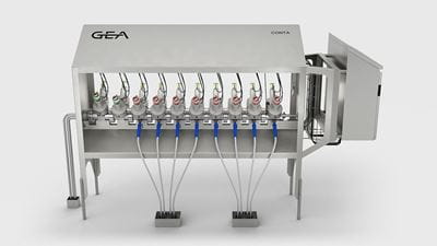 The CONTA® dual block valve system distributes the liquid feed to the atomizer nozzles of spray dryers and reduces areas where product can pool by about 96%. Image: GEA